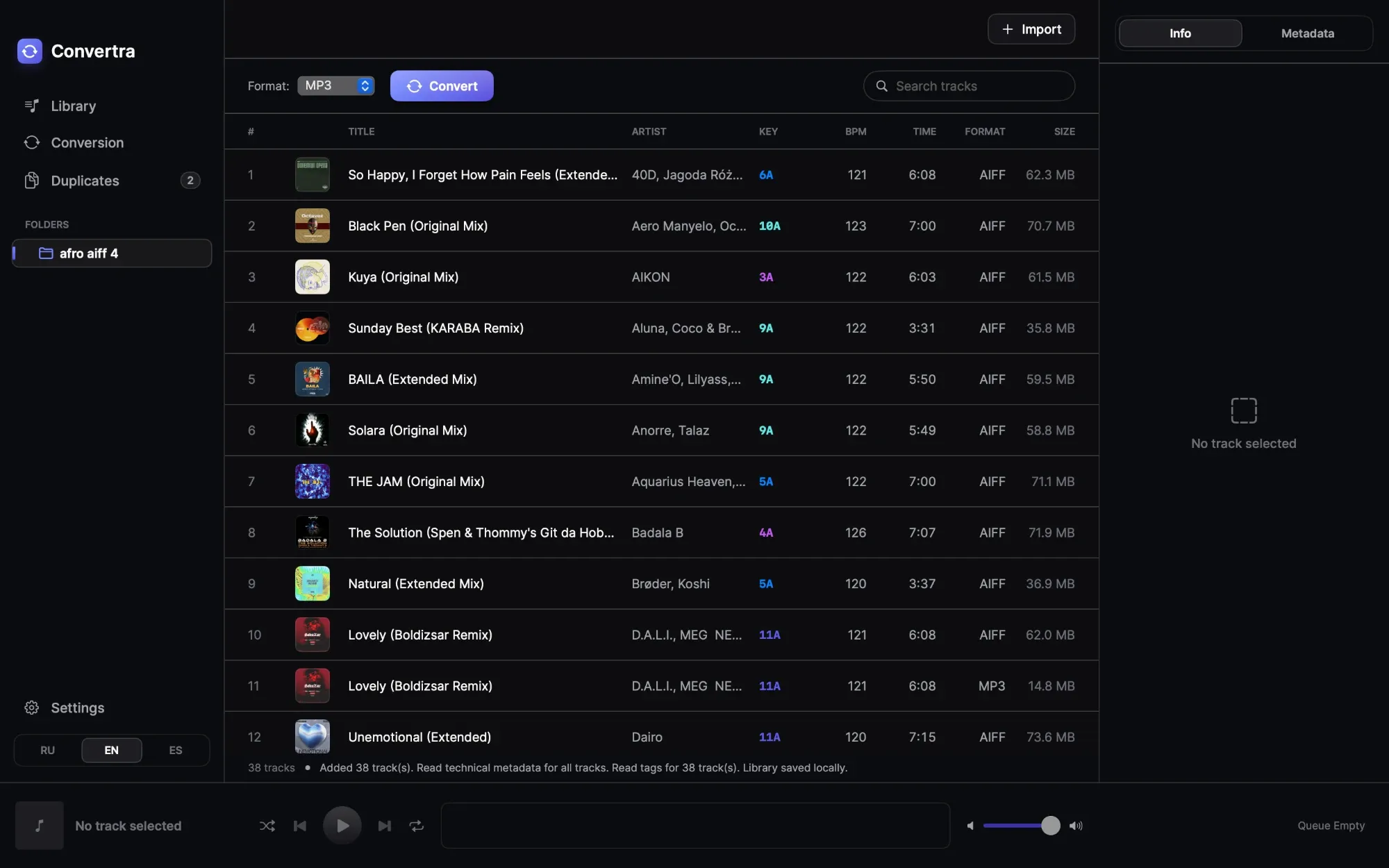 Convertra — library view with on-device key/BPM/Camelot analysis
