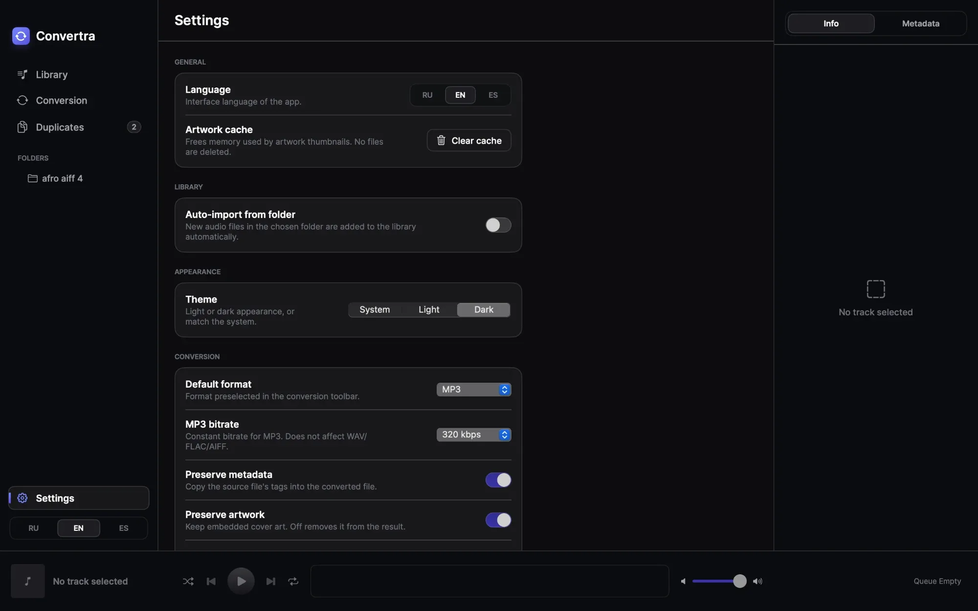 Convertra — conversion & library settings