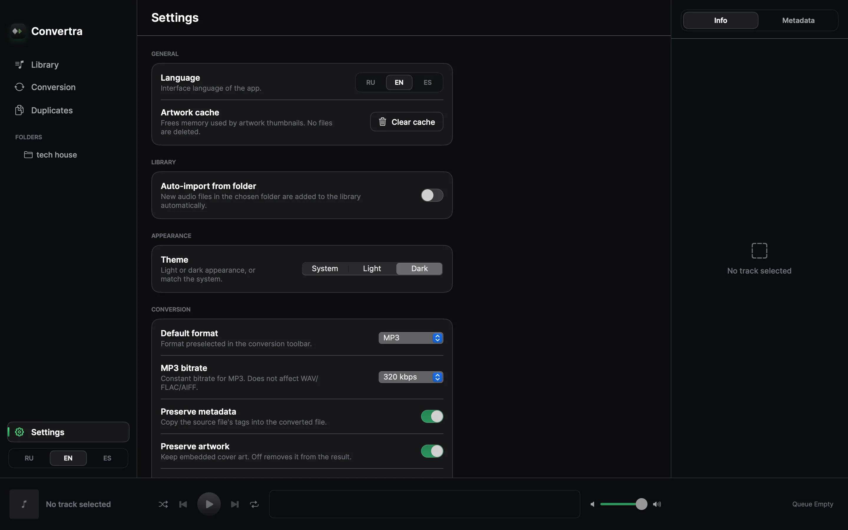 Convertra — conversion & library settings